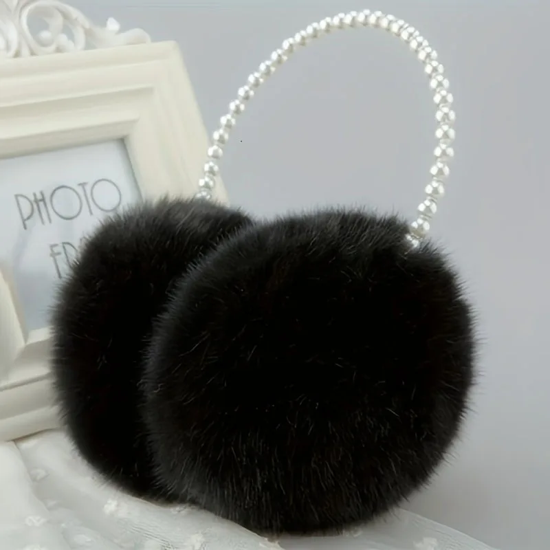 Color: Red - Faux Pearl Hoop Plush Headband Elegant Solid Color Fluffy Earmuffs Thick Coldproof Ear Warmer For Women Girls