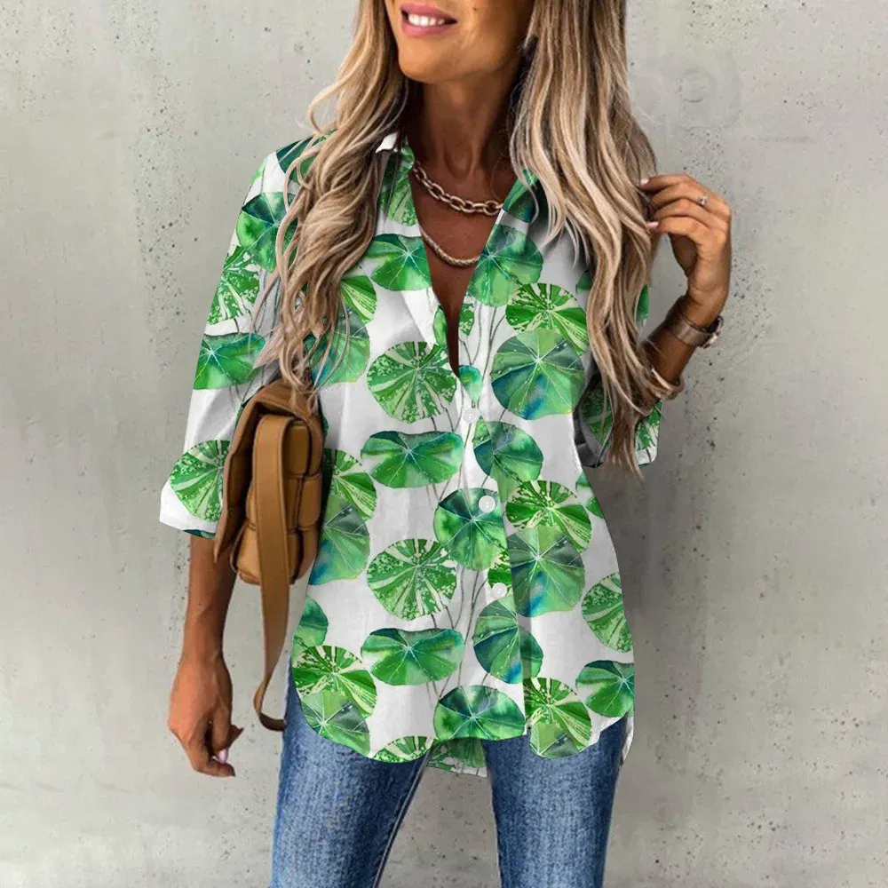 Color: Gold, Size: S - Ladies Long Sleeved Shirt Vacation Style Coconut Tree 3D Digital Printed Button Up Collar Loose Casual Ladies Blouse 2024 Autumn