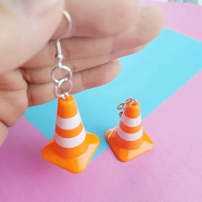 Metal Color: REDDISH BROWN - Unique Orange Traffic Cone Safety Design Novel Earring Keychain - The Perfect Gift for A Friend!