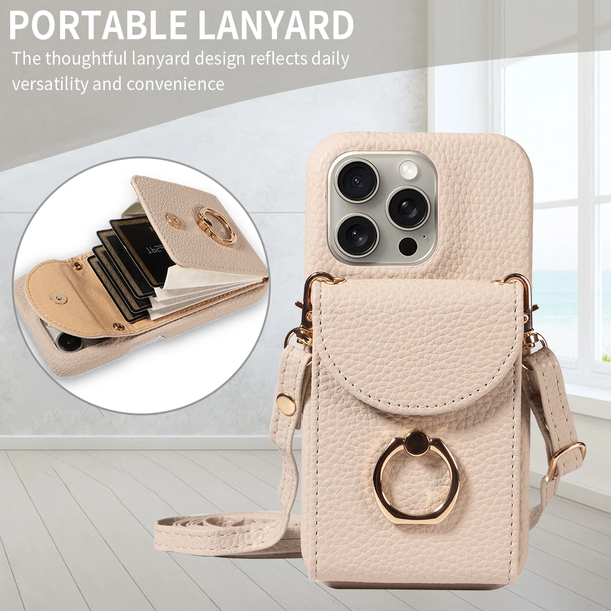 Color: Beige, Compatible-Phone Models: For iPhone 13 Pro, Bundle: Case & Strap, Material: Artificial Leather - High Quality Ring Stand Lychee Pattern Phone Case for IPhone16promax15 14 13 Crossbody with Lanyard PU Leather Anti-fall Cover