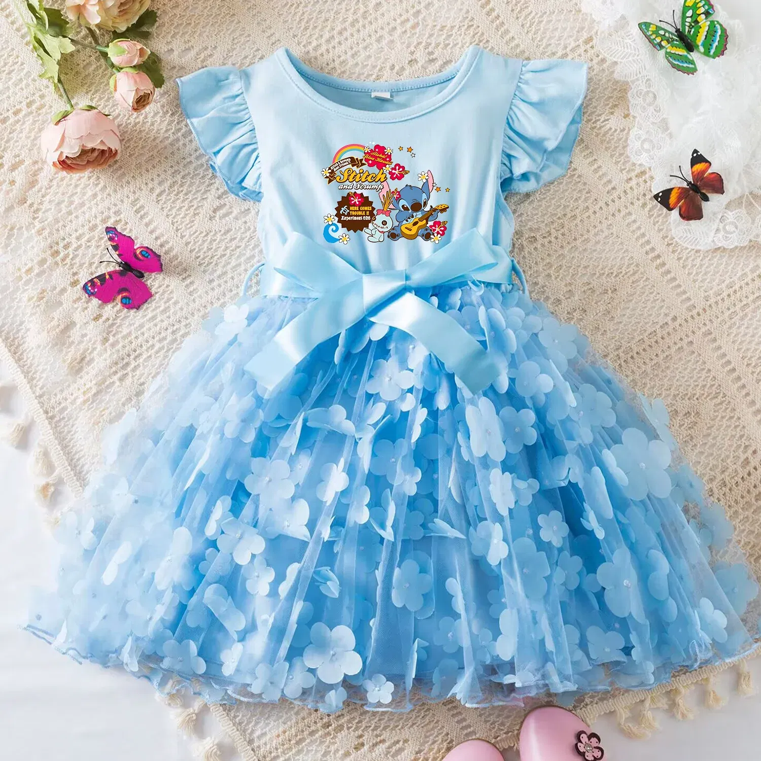 Color: Pink, Size: XS - 3D Butterfly Cute Lilo Stitch Summer Dress for Kid's Casual Clothes Baby Girls Beautiful Princess Dress Party Dresses 2-6 Yrs