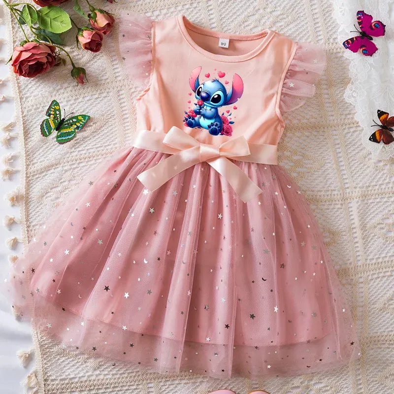 Color: army green, Kid Size: 9 - Lilo Stitch Girls Sequin Tutu Dress with Bow Flutter Sleeves Summer Princess Party Outfit for Toddler Kids 2-6 Years