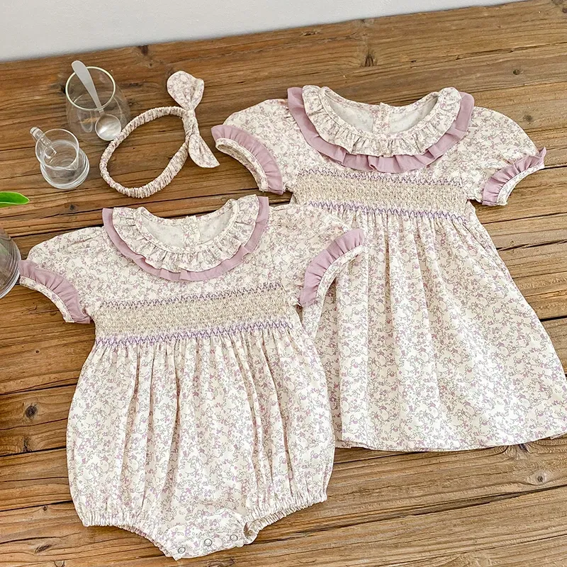 Color: MULTI, Kid Size: 24M - 2024 New Summer Kids Princess Dresses Short Sleeved Cotton Print Baby Girl Party Dress Infant Girl Romper Sister Clothing