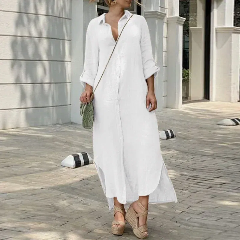 Color: GRAY, Size: S - Long Shirt Dress Women Autumn Cotton Linen Leisure Turn Down Collar Maxi Dresses Female Elegant Loose Beach Spring Vestidos