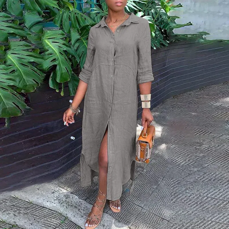 Color: GRAY, Size: S - Long Shirt Dress Women Autumn Cotton Linen Leisure Turn Down Collar Maxi Dresses Female Elegant Loose Beach Spring Vestidos