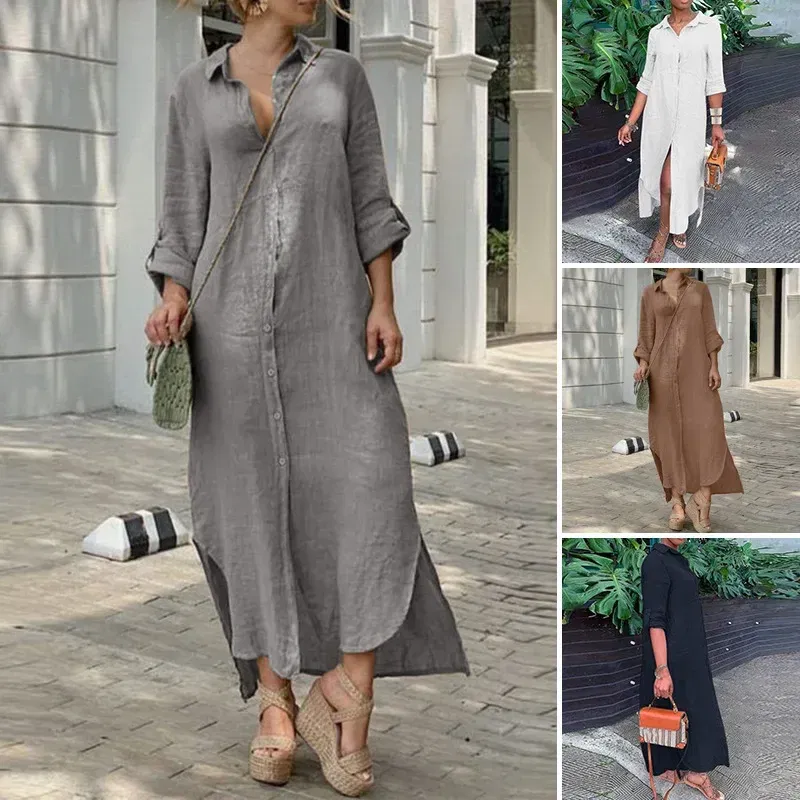 Color: GRAY, Size: S - Long Shirt Dress Women Autumn Cotton Linen Leisure Turn Down Collar Maxi Dresses Female Elegant Loose Beach Spring Vestidos