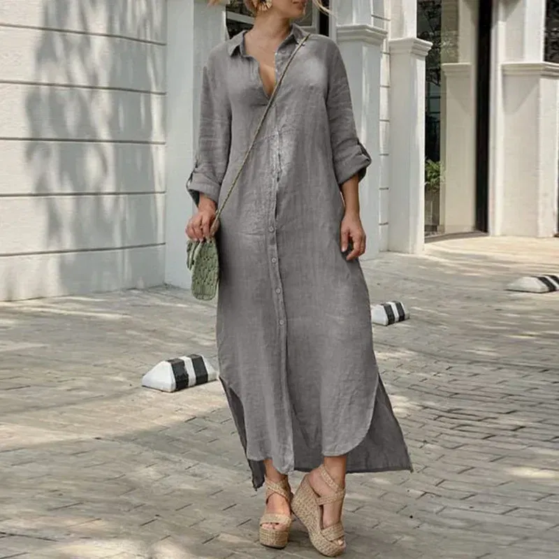 Color: GRAY, Size: S - Long Shirt Dress Women Autumn Cotton Linen Leisure Turn Down Collar Maxi Dresses Female Elegant Loose Beach Spring Vestidos