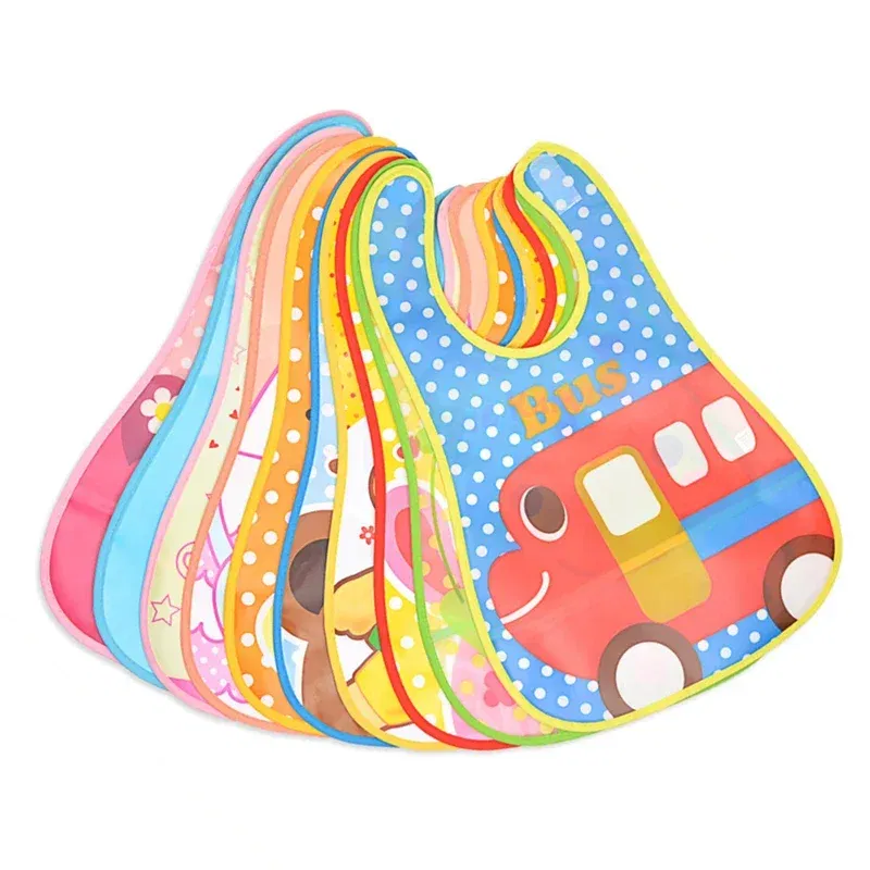 Color: Fluorescent Yellow - Adjustable Baby Bibs Stuff Kerchief Bandanas Stuff EVA Plastic Waterproof Lunch Feeding Cute Cartoon Children Apron Burp Cloths