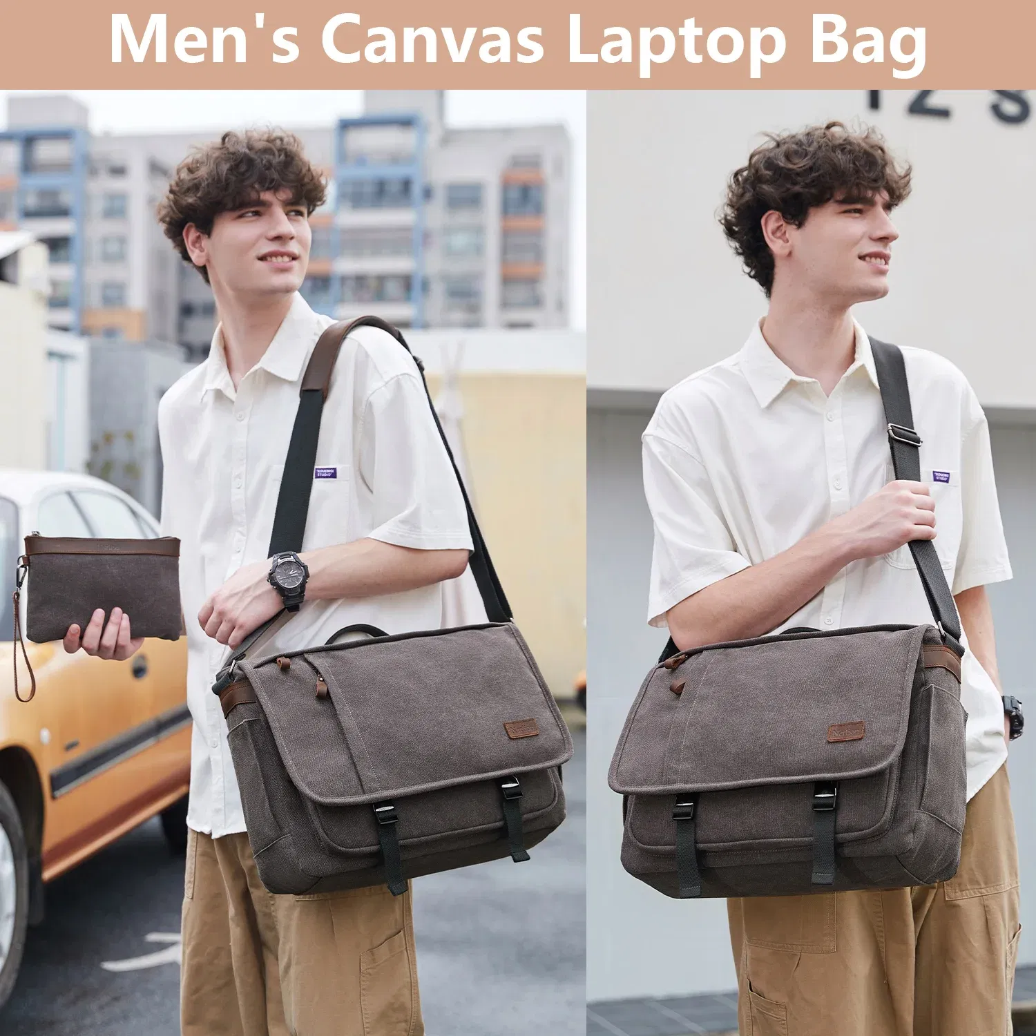 Color: black - Waterproof Canvas Messenger Bag for Men, Messenger Bag  ,Shoulder Bag, Casual Computer Bag, Business Bag, Crazy Horse Cowhide
