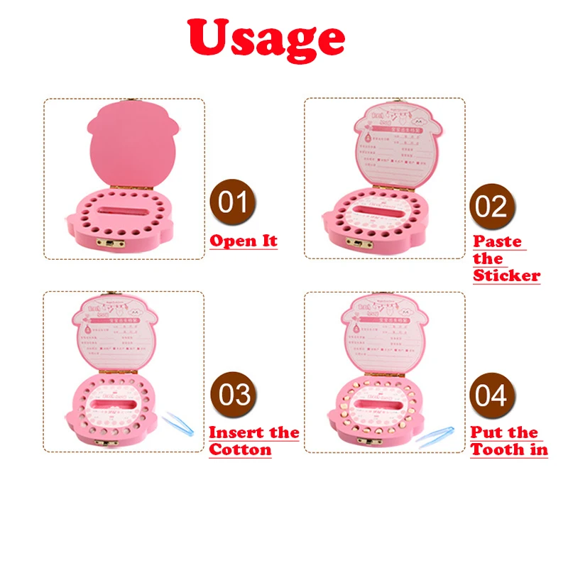 Color: Rose Red - Cute Wooden Baby Tooth Box Boxes Kids Milk Teeth Storage Box English/Spanish/French/Russian/Italian/Portuguese Keepsake Boxes