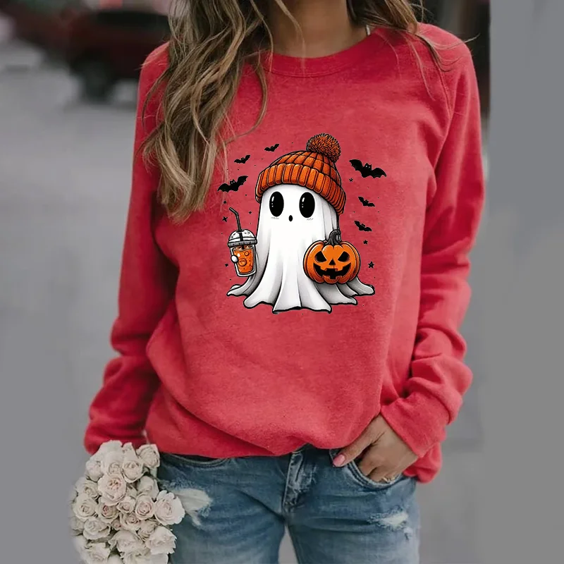 Color: Red, Size: XL - Cute Ghost Pattern Sweater Women's Casual Halloween Ghost Harajuku Pullover Fall Women's Tops