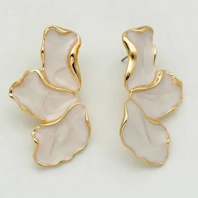 Metal Color: Imitation Rhodium Plated - Metal Flower Cream Stud Earrings for Women Fashion Gold Color Plating Irregular Post Earrings Heavy Design Statement Earring