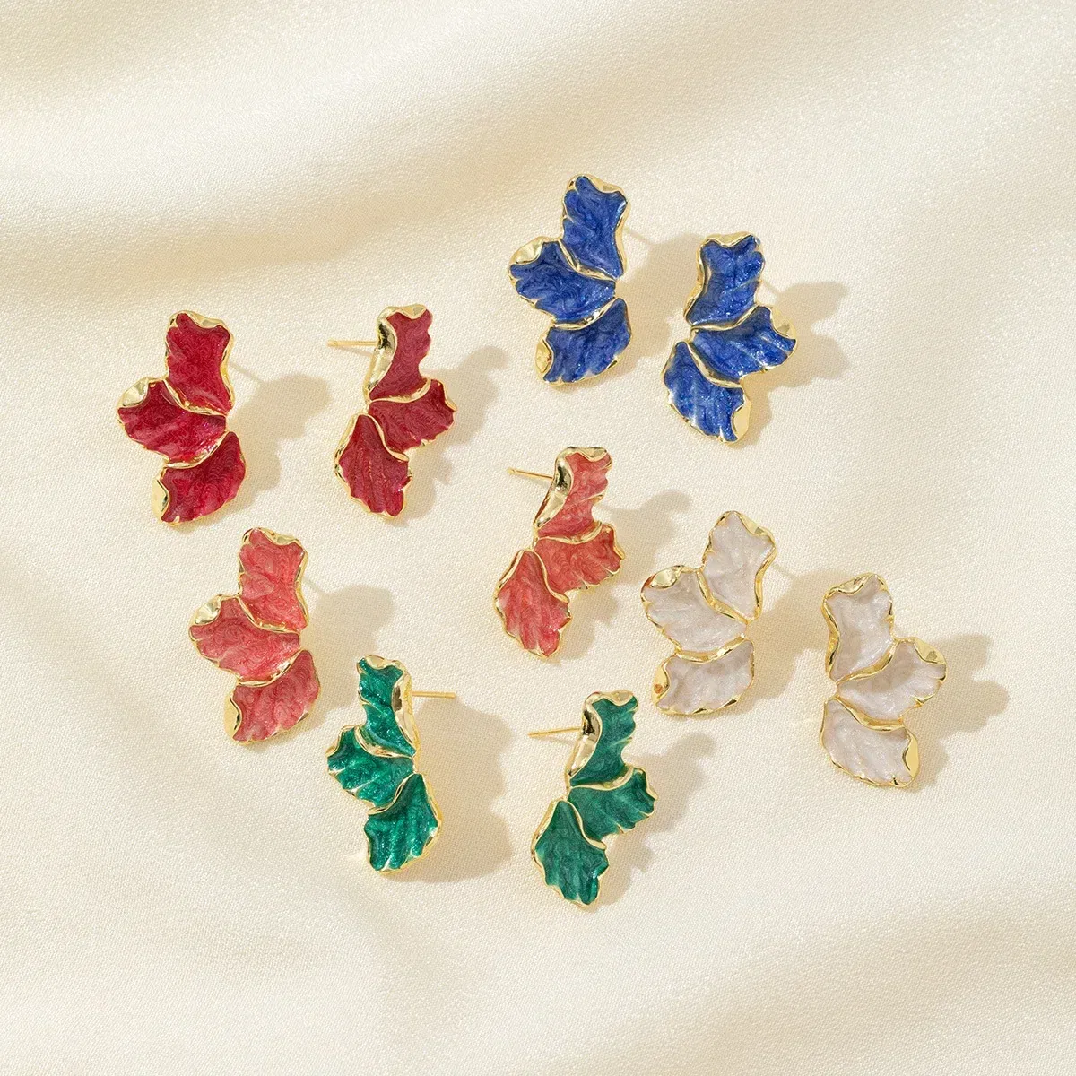 Metal Color: Imitation Rhodium Plated - Metal Flower Cream Stud Earrings for Women Fashion Gold Color Plating Irregular Post Earrings Heavy Design Statement Earring