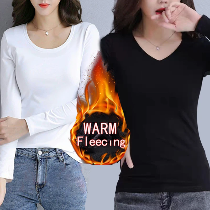 Color: Dark Grey, Size: M - O Neck Long Sleeve Fleeceing Heating Fiber Thermal Basic T-Shirts Women Winter Bottoming Cropped Tops Casual Skinny All-match