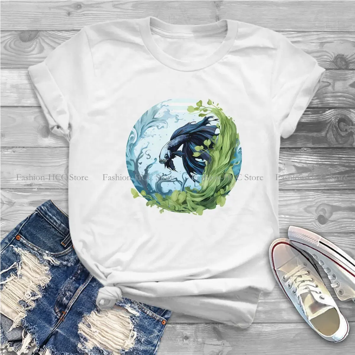 Color: WHITE, Size: L - Betta In A Bubble Hip Hop Polyester TShirt Fish Funny Cartoon Style Tops Leisure T Shirt Female Short Sleeve