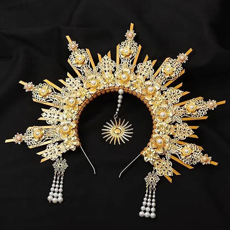 Color: Pink - MATERIAL  PACKAGE Sunburst Goddess Gold Spike Mary Halo Crown Headpiece NYLON ZIP TIE Wedding Bride Hair Band Tiar