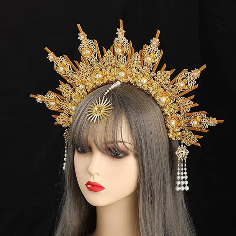 Color: Pink - MATERIAL  PACKAGE Sunburst Goddess Gold Spike Mary Halo Crown Headpiece NYLON ZIP TIE Wedding Bride Hair Band Tiar