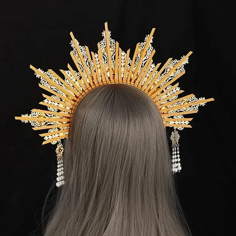 Color: Pink - MATERIAL  PACKAGE Sunburst Goddess Gold Spike Mary Halo Crown Headpiece NYLON ZIP TIE Wedding Bride Hair Band Tiar