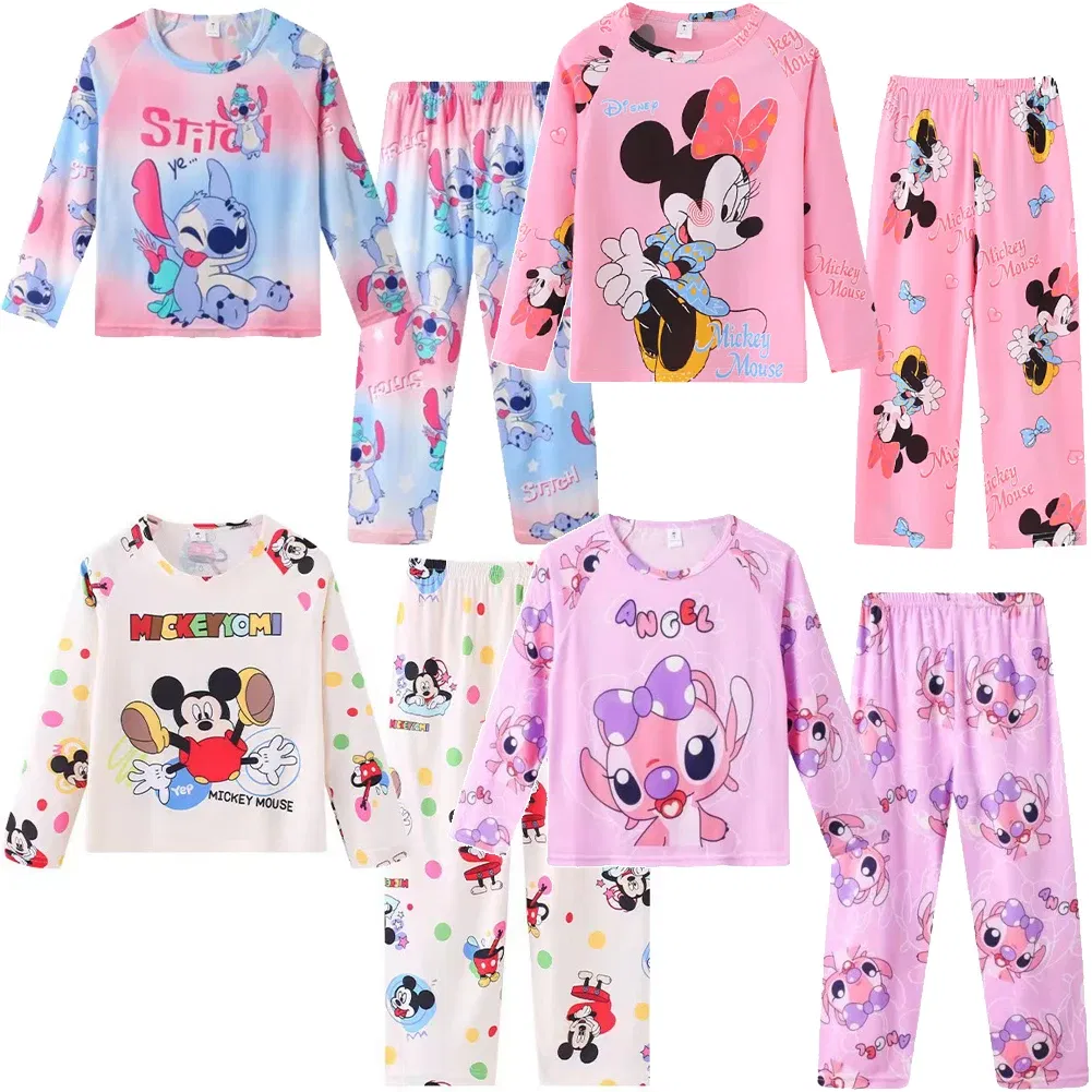 Color: SKY BLUE, Kid Size: 8T - 2pcs/set New Disney Stitch Children Pyjamas for Boys and Girls Sets Kid Minnie Home Wear Travel Casual Sleepwear Suit Cute Gift