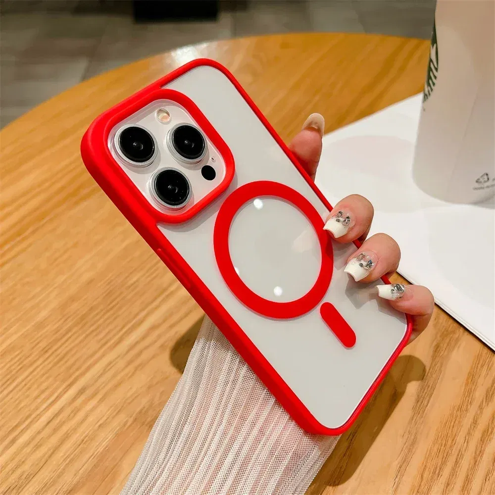 Color: Red, Material: ABS - Luxury Shockproof Magsafe Wireless Charge Case for iPhone 17 Air 16 15 14 Plus 13 12 Mini 11 Pro Max Clear Magnetic Bumper Cover