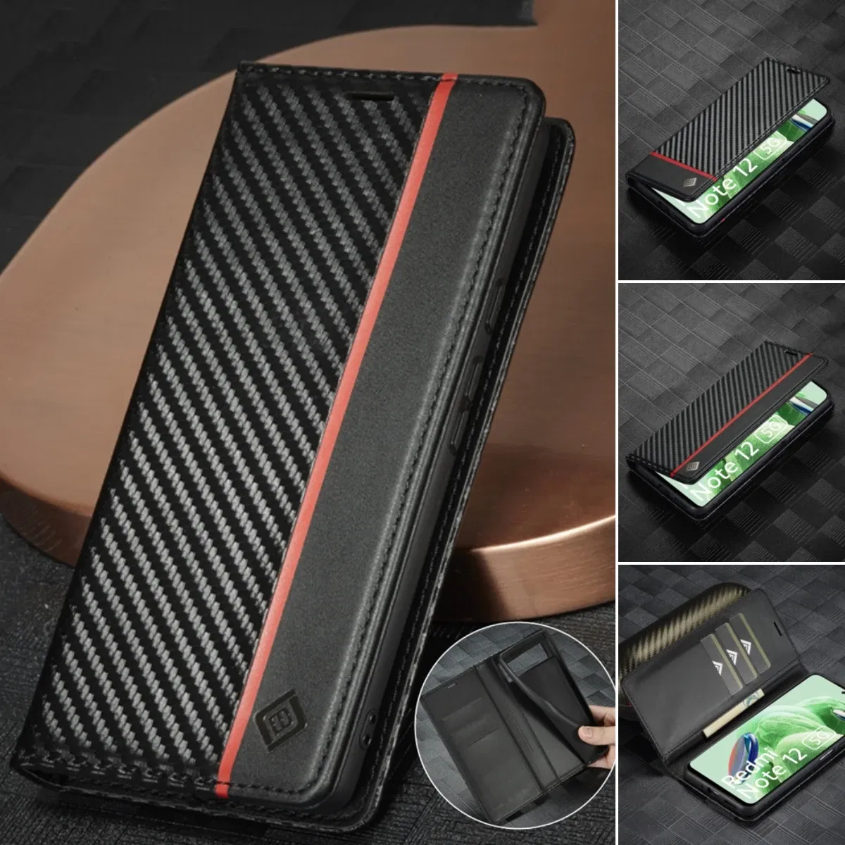 Color: Blue, Material: Aluminum - Carbon Fiber Leather Case for Samsung A14 A24 A34 A54 5G A13 A23 A33 A53 Galaxy A52 A72 A32 A12 A04S A02S Wallet Card Slot Cover