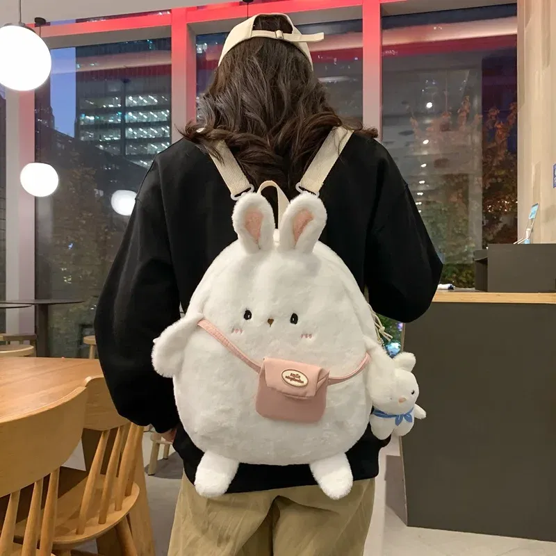 Color: WHITE - 2024 New Cartoon Plush Rabbit Backpack Girl Cute Large Capacity Soft Bag Leisure Plush Book Bag Solid Color Crossbody Bag