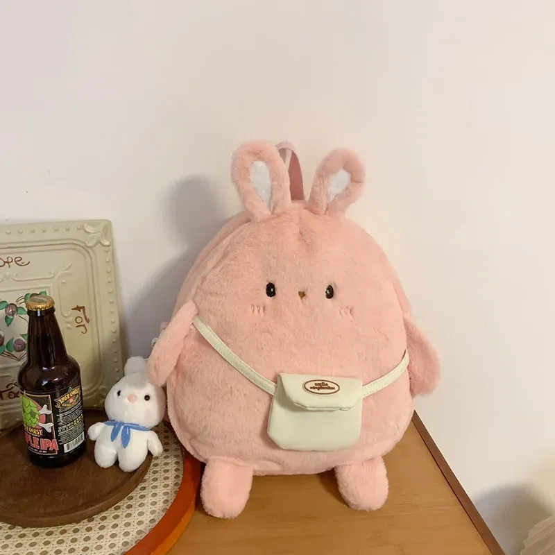 Color: WHITE - 2024 New Cartoon Plush Rabbit Backpack Girl Cute Large Capacity Soft Bag Leisure Plush Book Bag Solid Color Crossbody Bag
