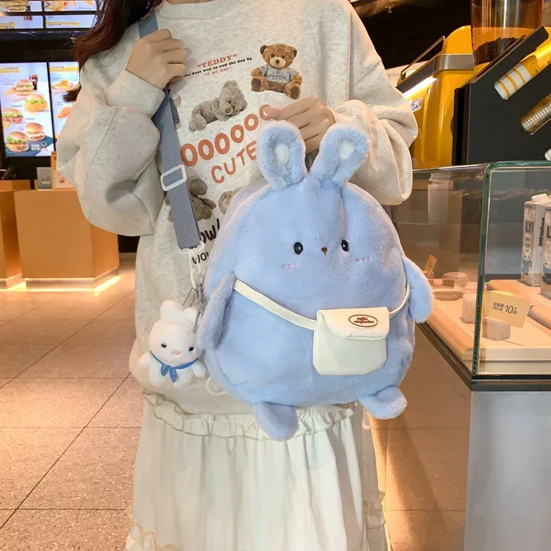 Color: WHITE - 2024 New Cartoon Plush Rabbit Backpack Girl Cute Large Capacity Soft Bag Leisure Plush Book Bag Solid Color Crossbody Bag
