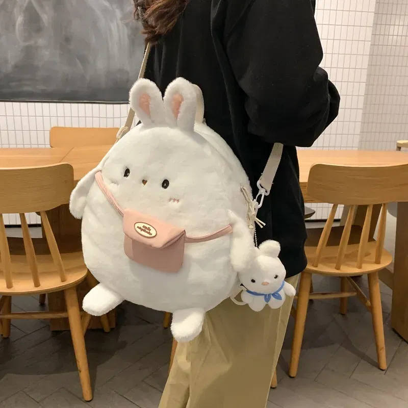 Color: WHITE - 2024 New Cartoon Plush Rabbit Backpack Girl Cute Large Capacity Soft Bag Leisure Plush Book Bag Solid Color Crossbody Bag