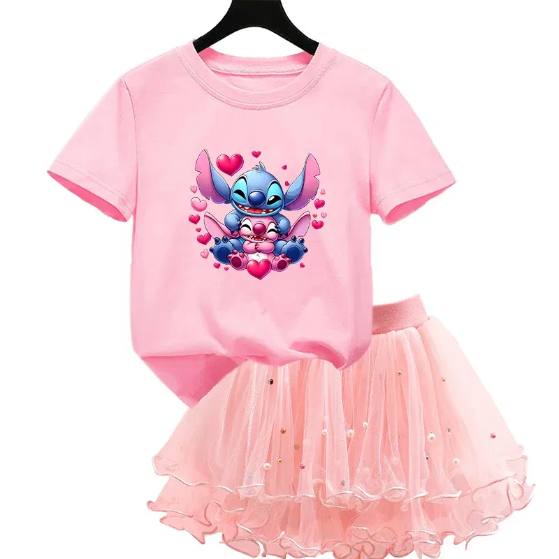 Color: Lavender, Kid Size: 2T - 2pcs Lilo Stitch Summer Girls Outfits Cartoon T-shirt and Tutu Skirt Princess Clothes Suit Children Birthday Clothing Sets