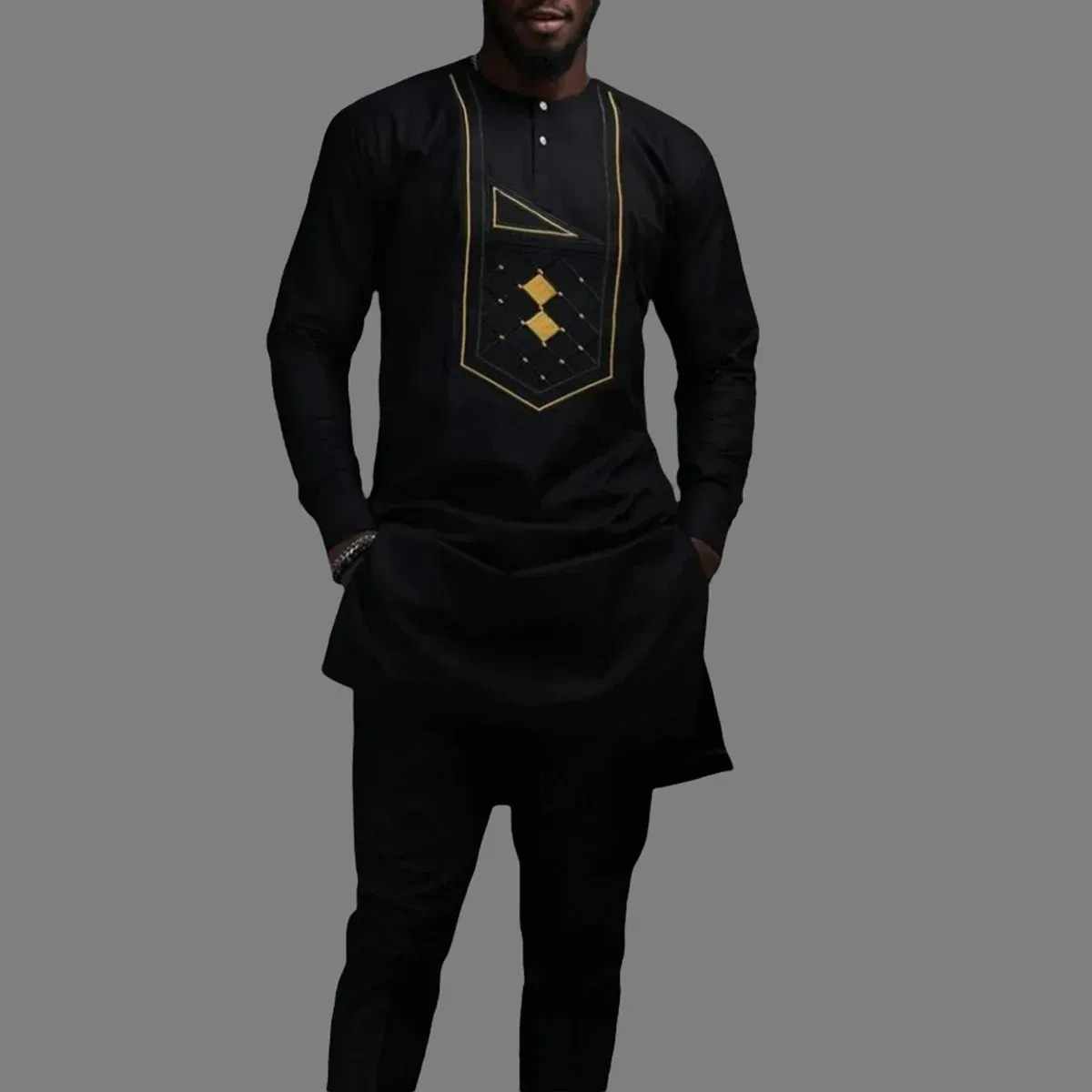 Color: Mint, Size: L - New Men's Tenos Wedding 2-Piece Suit Waist Pants Shirt Solid Color Panel Long Sleeve Party African Ethnic Style Clothing (M-4XL)