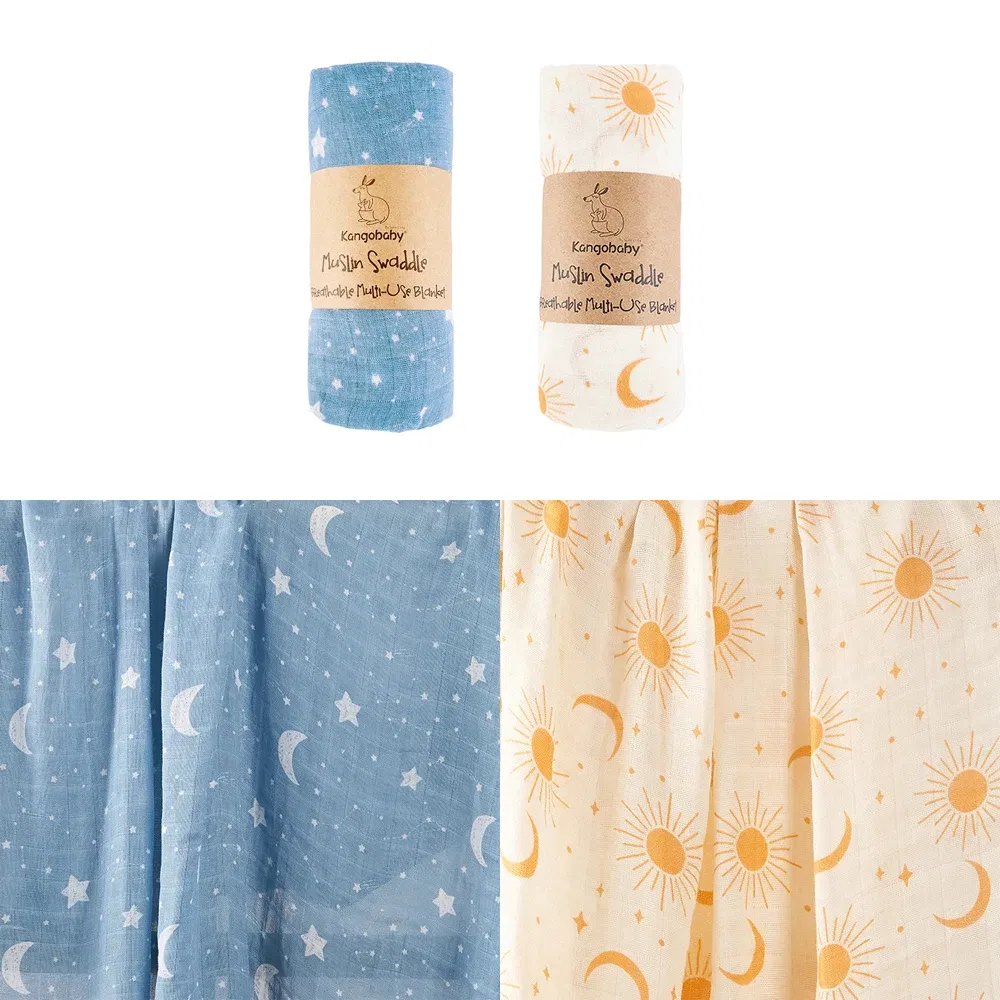 Color: Sky blue - Kangobaby #My Soft Life# 2 Pieces Pack Muslin 100% Cotton Baby Swaddles Newborn Blankets Black White Gauze Infant Wrap