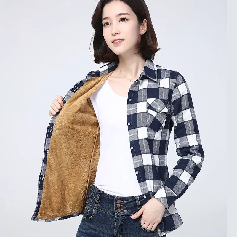 Color: Brown, Size: XXL - 2025 Winter New Women's Warm Plaid Shirt Coat Casual Fleece Velvet Plus Thicke Jacket Tops College Style Woman Clothes Outerwear