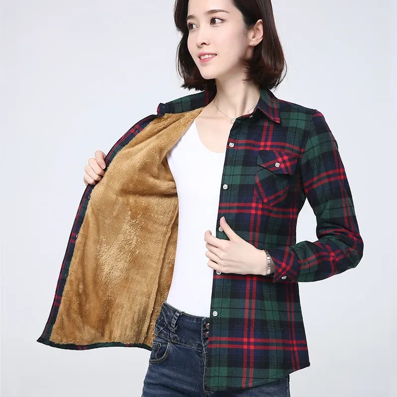Color: Brown, Size: XXL - 2025 Winter New Women's Warm Plaid Shirt Coat Casual Fleece Velvet Plus Thicke Jacket Tops College Style Woman Clothes Outerwear