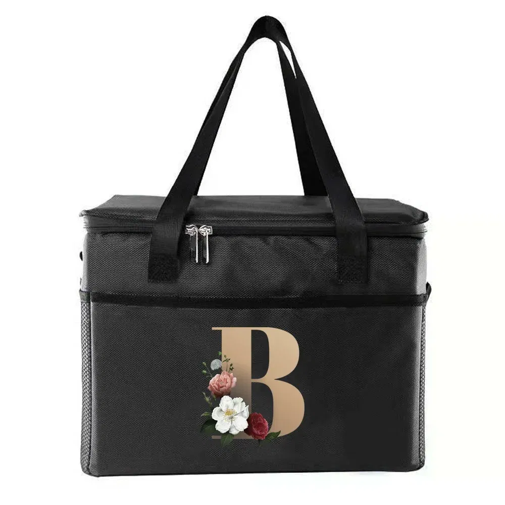 Color: Dark Grey - Thermal Bag Portable Lunch Bags Insulated Cooler Bag Food Bento Bags Printing Gold Letter Series Travel Picnic Storage Ice Bags