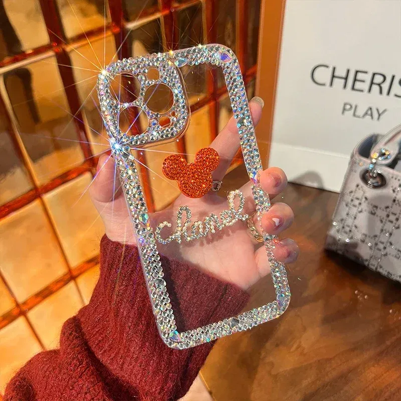 Color: Beige, Material: Vinyl - Bling Glitter 3D cute cartoon Diamond soft silicon phone case For iphone 15 14 13 12 11 Pro Max 7 8 Plus X XS XR MAX Clear Cover