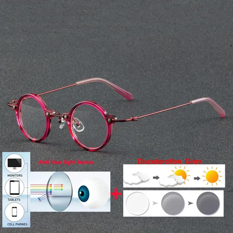 Frame Color: Red, Eye Prescription: +500 - VCKA Anti-blue Discolor Acetate+Titanium Myopia Glasses Frames Small Round Men Prescription Optical Women Eyewear -0.50 to -10.0