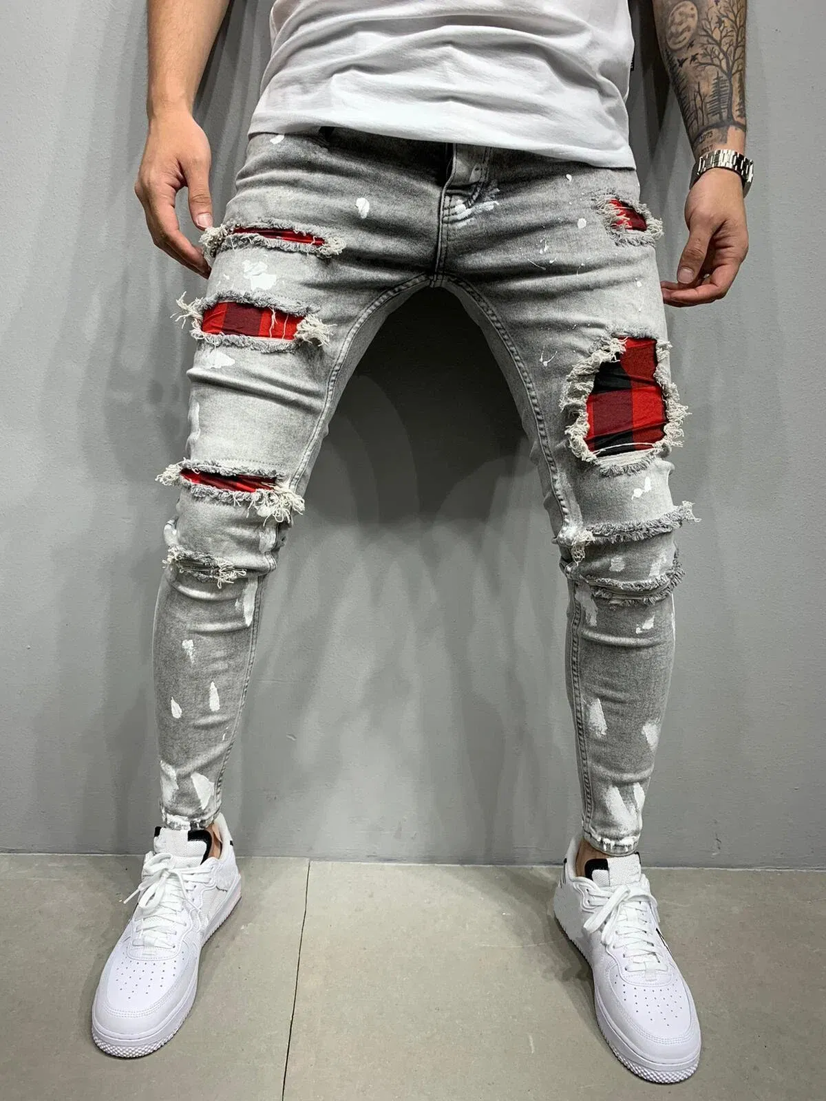 Color: GRAY, Size: XXL, Ships From: CHINA - Men's Punk Hip Hop Black Fashion Jeans Spring summer New Rock Motorcycle Street Wear Tight Casual Denim pants Straight leg pants