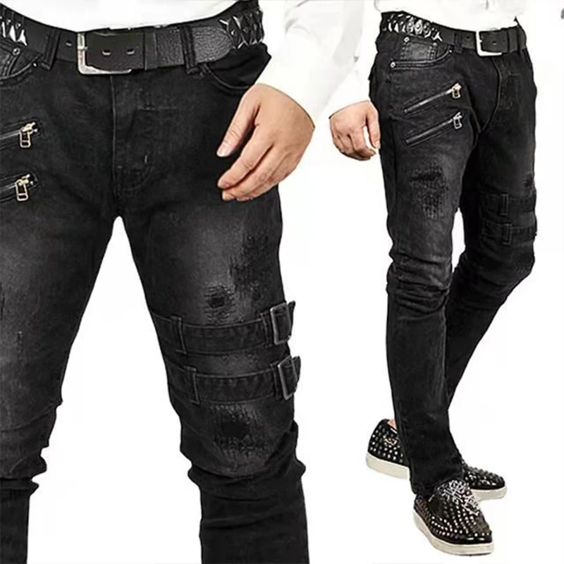 Color: GRAY, Size: XXL, Ships From: CHINA - Men's Punk Hip Hop Black Fashion Jeans Spring summer New Rock Motorcycle Street Wear Tight Casual Denim pants Straight leg pants