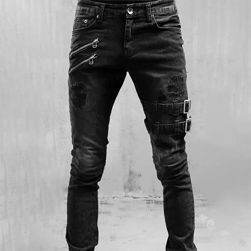 Color: GRAY, Size: XXL, Ships From: CHINA - Men's Punk Hip Hop Black Fashion Jeans Spring summer New Rock Motorcycle Street Wear Tight Casual Denim pants Straight leg pants