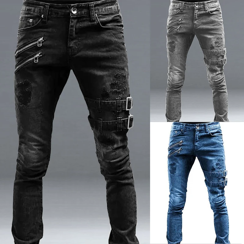 Color: GRAY, Size: XXL, Ships From: CHINA - Men's Punk Hip Hop Black Fashion Jeans Spring summer New Rock Motorcycle Street Wear Tight Casual Denim pants Straight leg pants