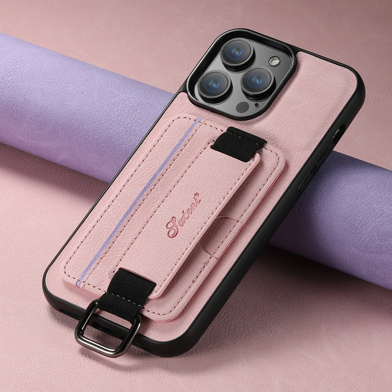 Color: pink, Material: CANVAS - SUTENI Lychee skin print wrist strap card phone case Card holder for iPhone 16 ProMax 15 Plus 14 13 12 11 XR XS Black/blue/brown