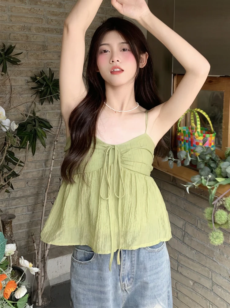 Color: green, Size: L - Women Linen Sweet Babydoll Ruffle Crop Sleeveless Top Thin Strap Front Bow Ties Flowy Camis Female Korean Tank Top