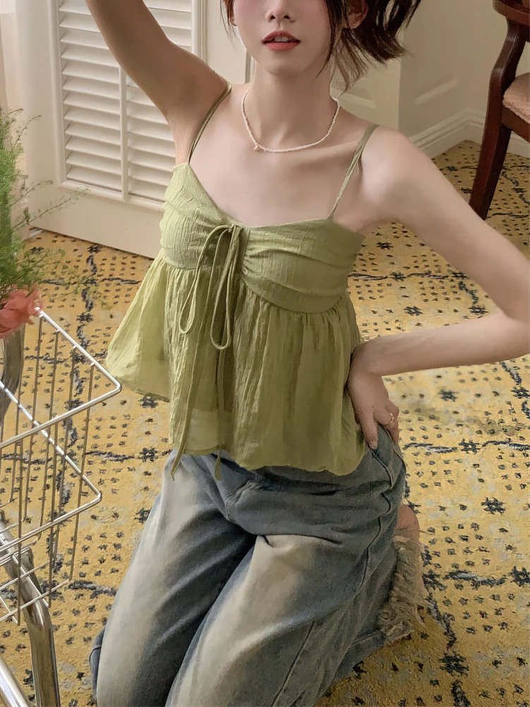 Color: green, Size: L - Women Linen Sweet Babydoll Ruffle Crop Sleeveless Top Thin Strap Front Bow Ties Flowy Camis Female Korean Tank Top