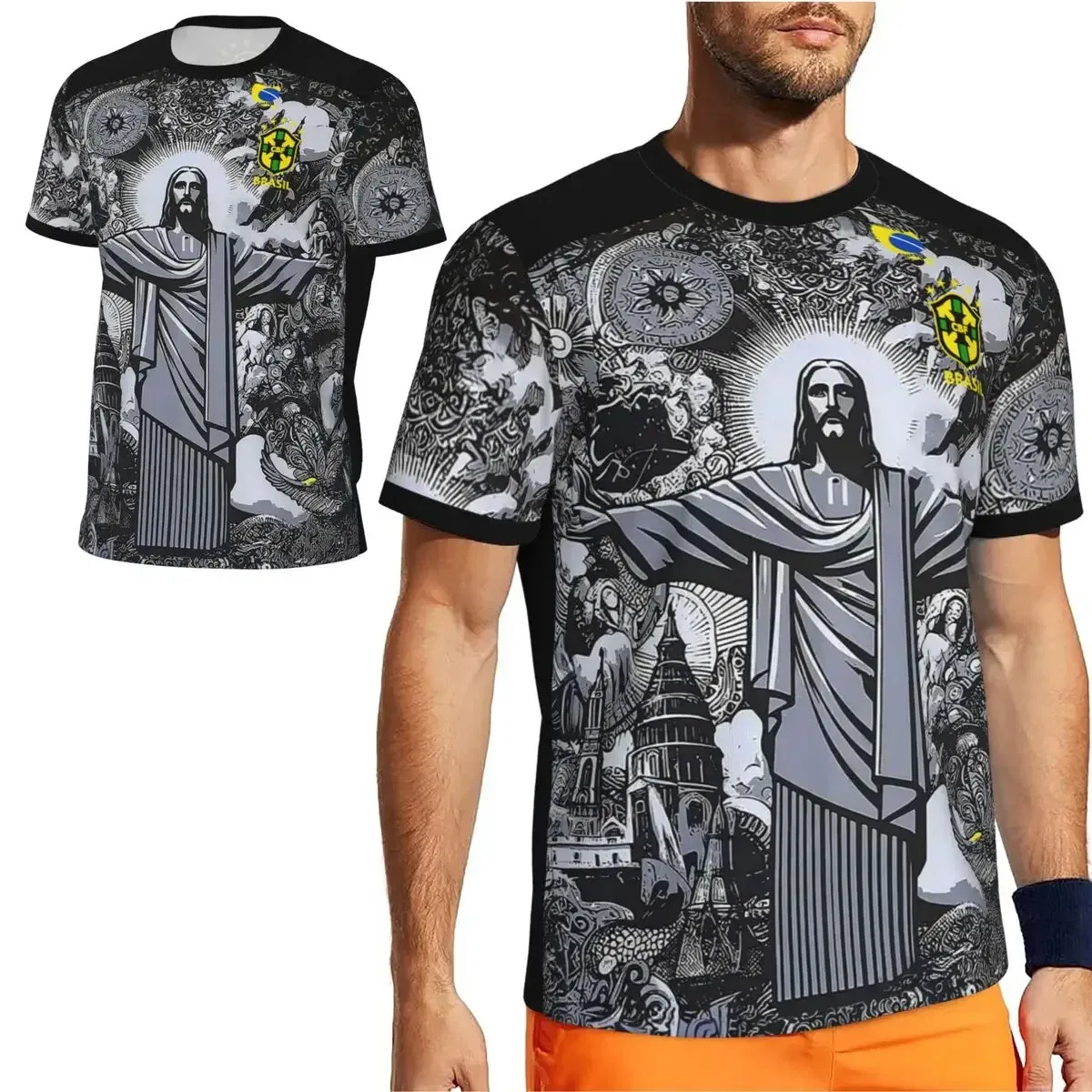 Color: black, Size: XS - 2024 Brazil Jesus Christ The Redeemer Special Edition Football Jerseys Breathable For Adult Children Soccer Traning Tops Shirts