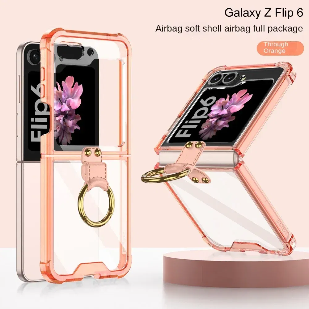 Color: Beige, Material: ABS - Electroplated Transparent Airbag Ring Phone Case for Samsung Galaxy Z Flip 6 5 Flip6 Flip5 5G Stand Shockproof Cover