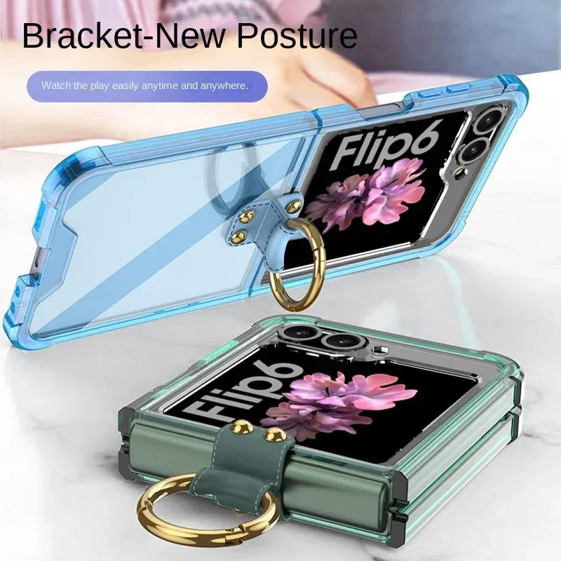 Color: Beige, Material: ABS - Electroplated Transparent Airbag Ring Phone Case for Samsung Galaxy Z Flip 6 5 Flip6 Flip5 5G Stand Shockproof Cover