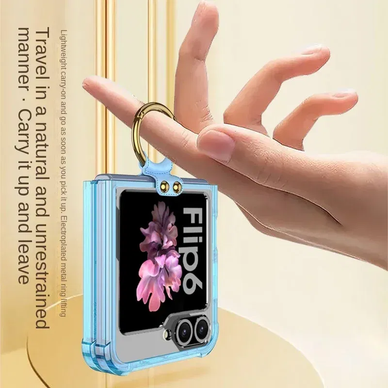 Color: Beige, Material: ABS - Electroplated Transparent Airbag Ring Phone Case for Samsung Galaxy Z Flip 6 5 Flip6 Flip5 5G Stand Shockproof Cover