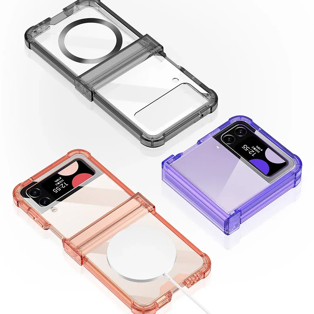 Color: Blue, Material: ABS - Colorful Transparent Folding Hinge For Samsung Galaxy Z Flip 4 3 Magsafe Magnetic Wireless Charging Case Shockproof Hard Cover