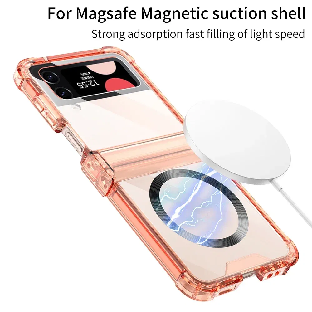 Color: Blue, Material: ABS - Colorful Transparent Folding Hinge For Samsung Galaxy Z Flip 4 3 Magsafe Magnetic Wireless Charging Case Shockproof Hard Cover